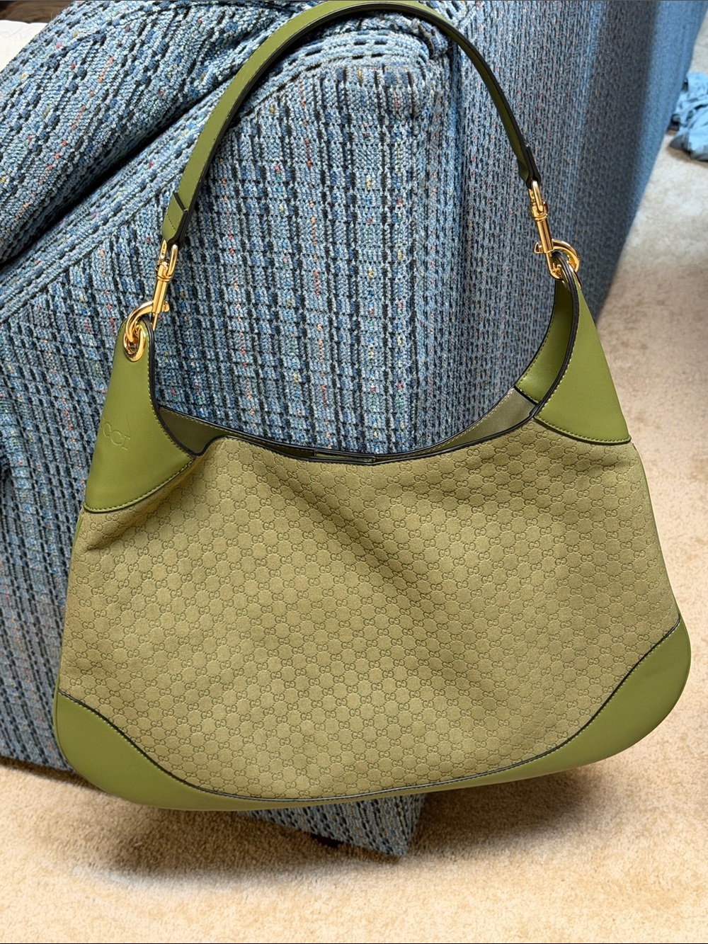 Olive Green GG Monogram Shoulder Bag with Gold Hardware